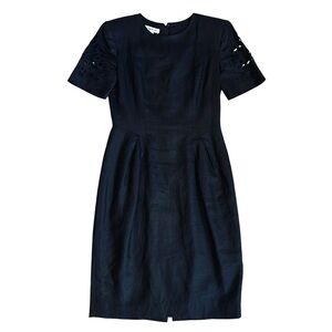 Nancy Johnson Women’s 6 Vintage Black Linen Dress Midi Cutout Short Sleeve Shift